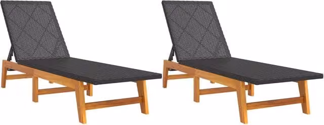 Lettino Prendisole | Sdraio 2 pz Nero e Marrone Polyrattan e Legno Massello di Acacia