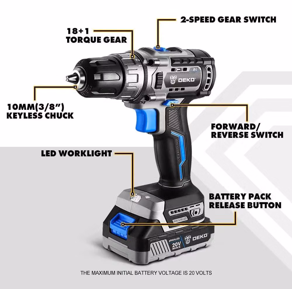 Trapano avvitatore - 20V - Trapano avvitatore - 2 velocità - 42 Nm - Brushless (senza spazzole) - Kit combinato - Nero e blu