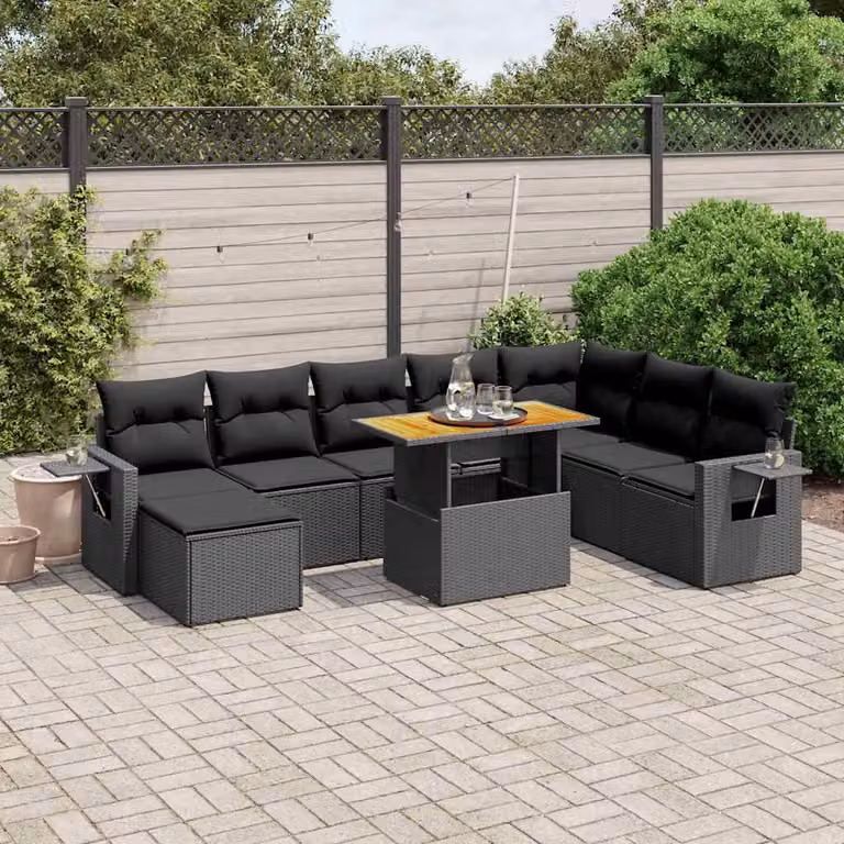 Set di divani da giardino vidaXL in polyrattan nero con cuscini e tavolino da esterno 9 pz