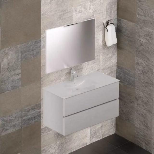 Mobile bagno sospeso bianco frassinato 2 cassetti con lavabo e specchio COMP100BF 101x46x54h