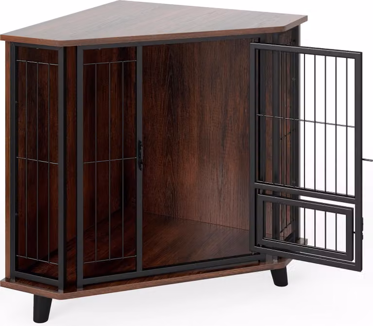 COSTWAY Gabbia angolare per cani, cuccia per cani con porta chiudibile e 3 gambe in legno, cassa per cani di piccola e media taglia 60 x 60 x 71,5 cm Marrone