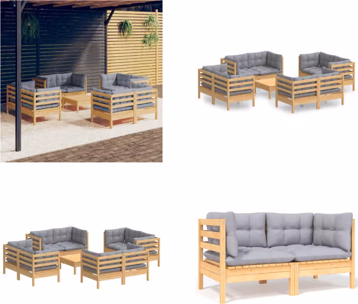 vidaXL set da salotto da giardino 9 pezzi con cuscini grigi in legno di pino - set da salotto da giardino - set da salotto da giardino - set da salotto