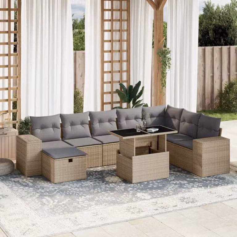 vidaXL Set Divano da Giardino 9 pz in Polyrattan Beige con Cuscini e Tavolino