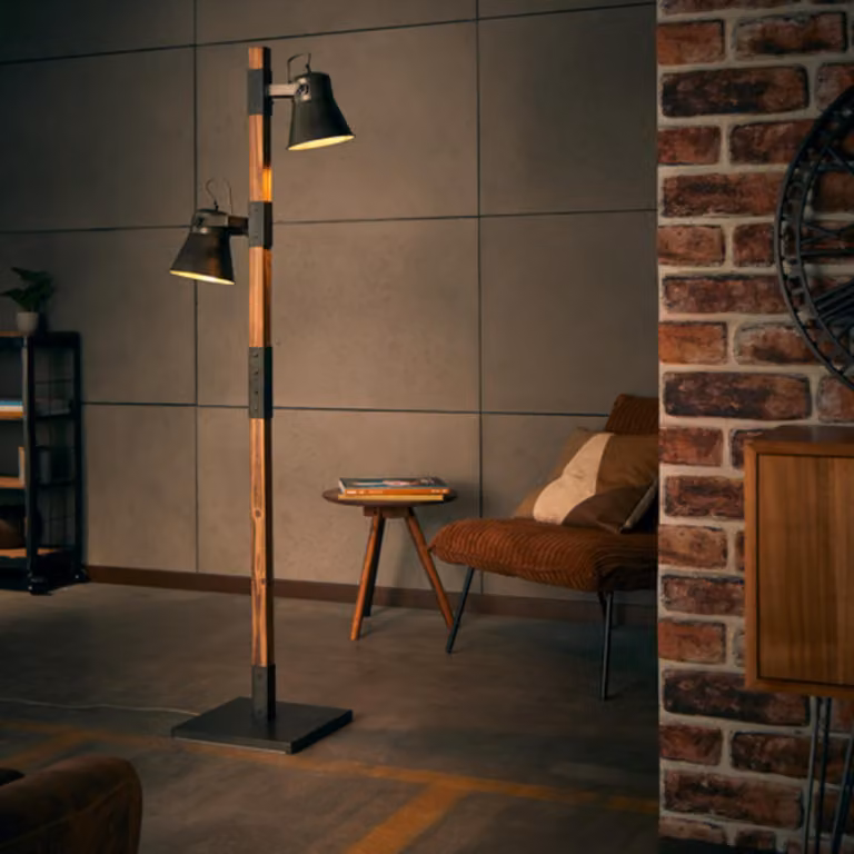 Lampada da terra rustica nera, 2 luci, 2x attacco E27 max. 10 watt