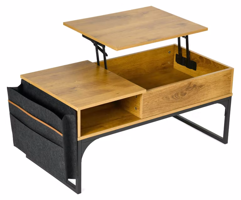 Tavolino da salotto in stile retrò, 100x50x45 cm – Tavolino da caffè regolabile con piano sollevabile, spazio contenitivo e tasche laterali in tessuto color legno