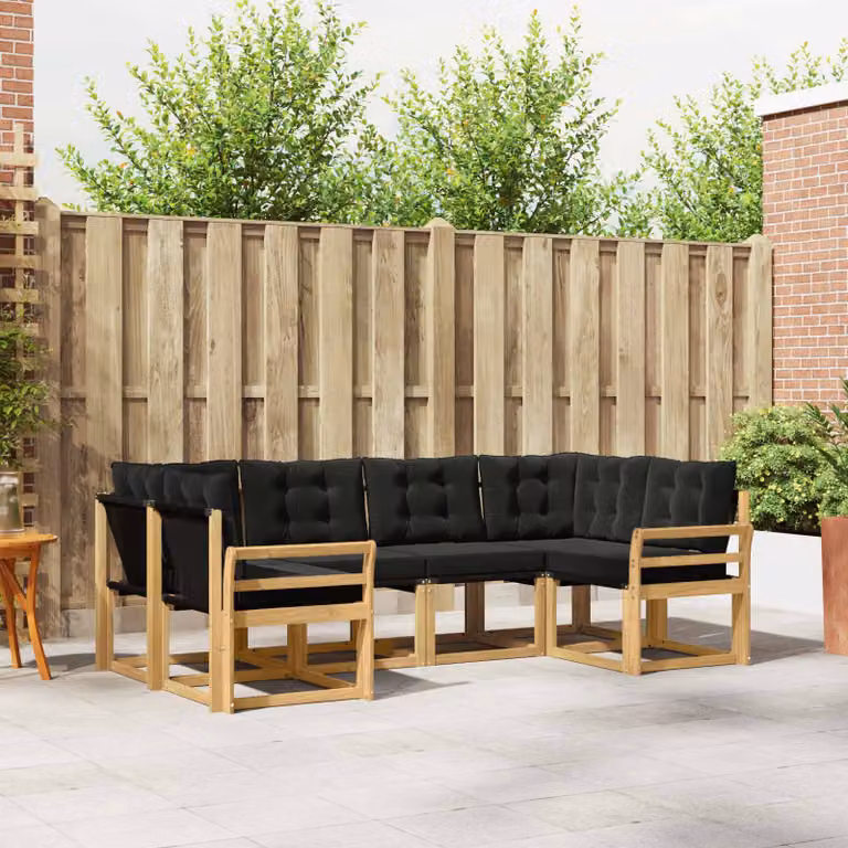 Set di divani da esterno a L vidaXL in legno di acacia con cuscini bianchi e neri per giardino e terrazza