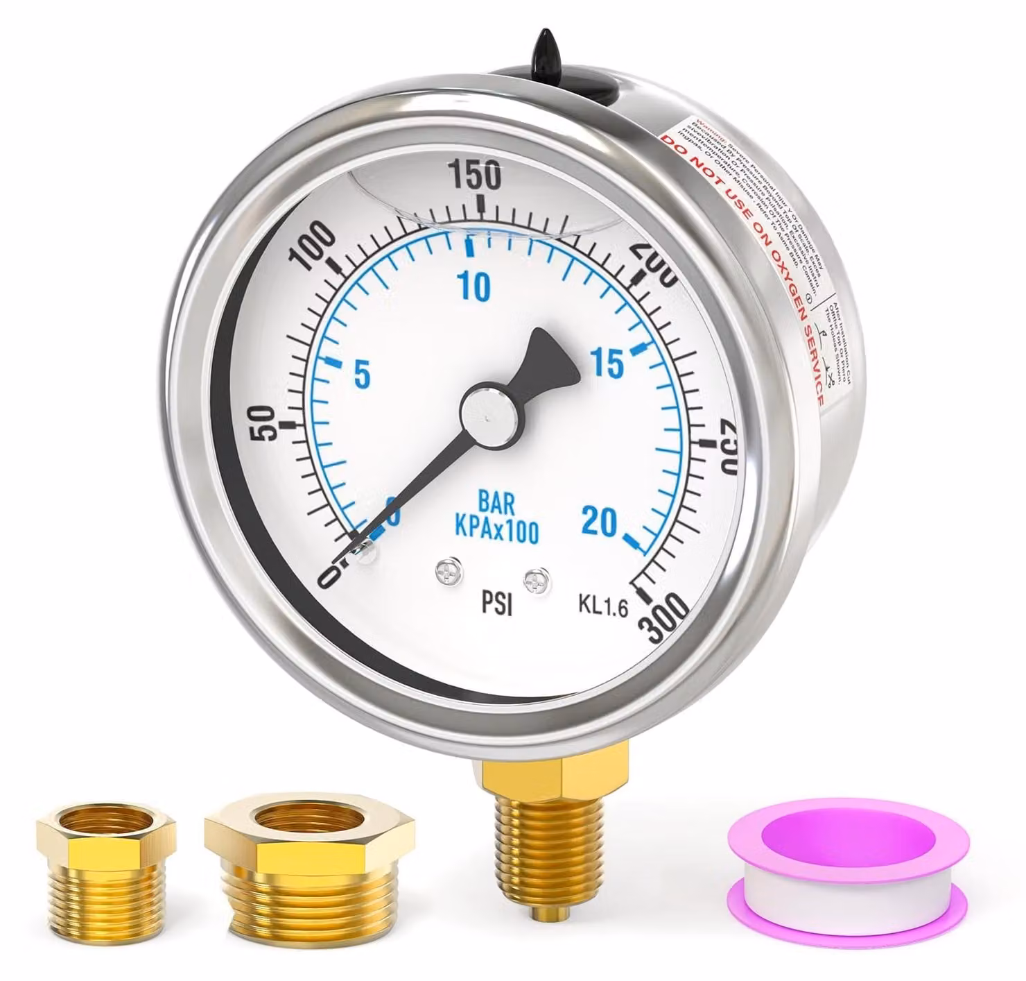 Manometro riempito con liquido, acciaio inossidabile, 0-20 bar / 0-300 psi, attacco inferiore da 1/8" BSP