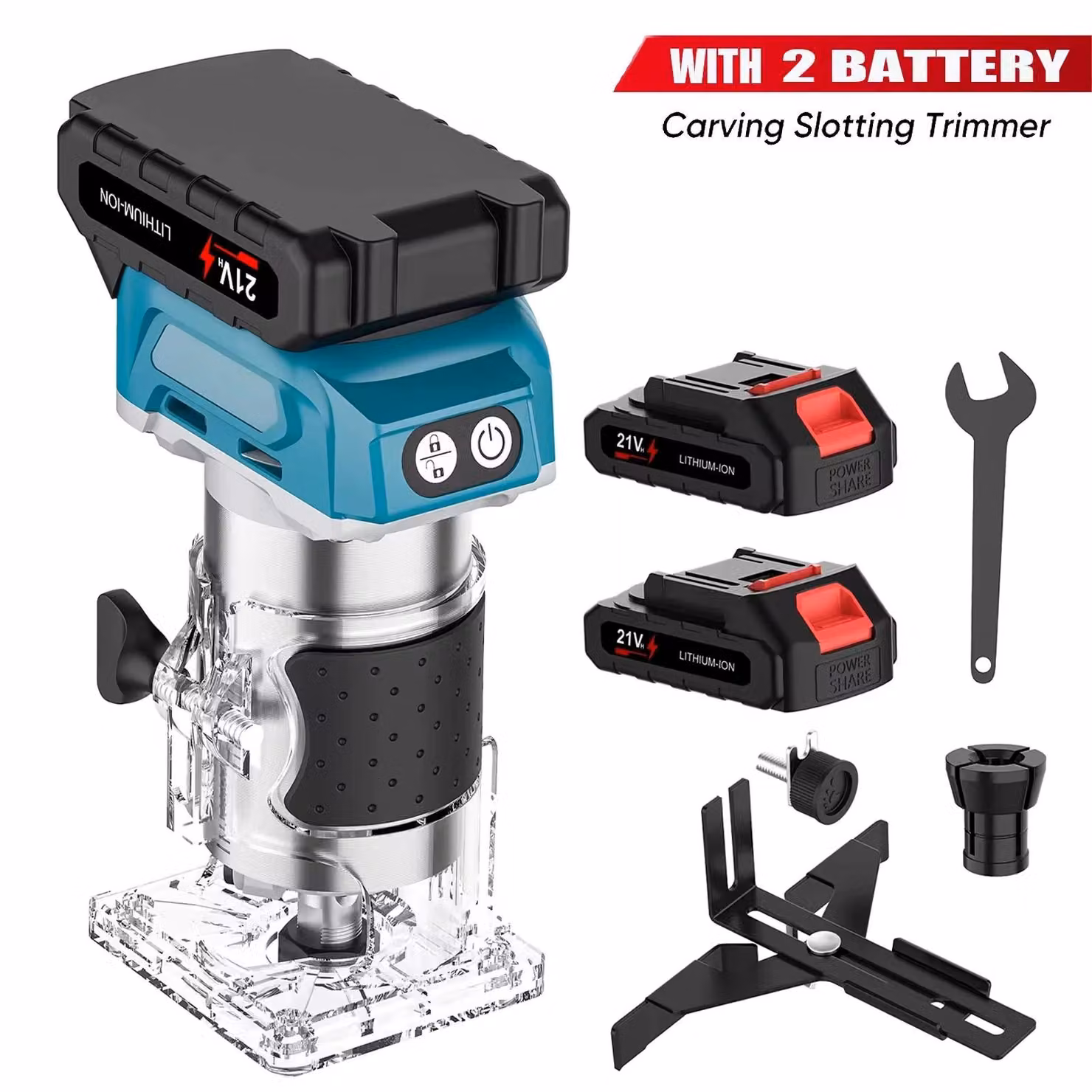 Fresatrice per legno – Fresatrice a batteria – 1600 W – Motore brushless – Velocità variabile – 2 batterie – Mandrini autoserranti 6/6,35/8 mm