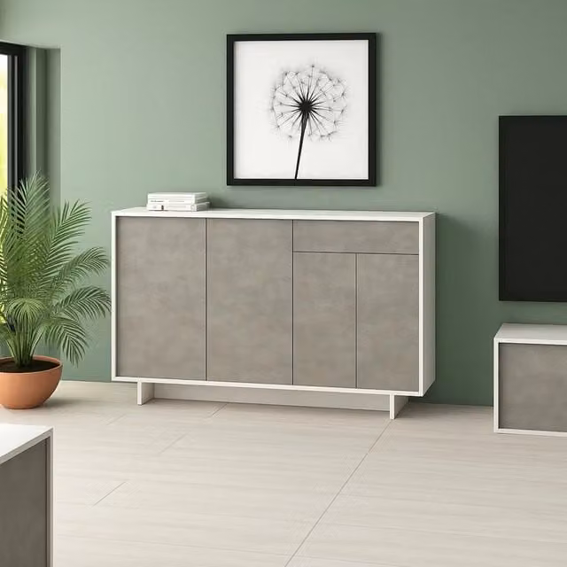Credenza Arius DMORA, Madia e Buffet da soggiorno con 3 ante e 1 cassetto, Bianco e Cemento, L: 134 cm, P: 35 cm, H: 87 cm