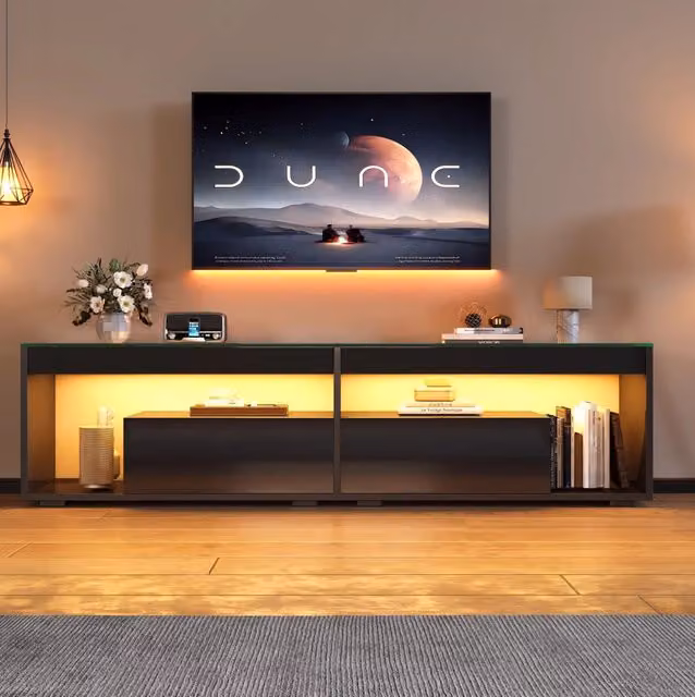 Mobile TV LED moderno nero con illuminazione integrata e 2 cassetti in legno e vetro temperato L/P/H: 180 x 40 x 46 cm
