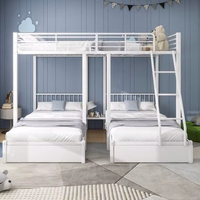 Letto a castello triplo in metallo con 2 cassetti; 140 x 200 cm e 90 x 200 cm; bianco