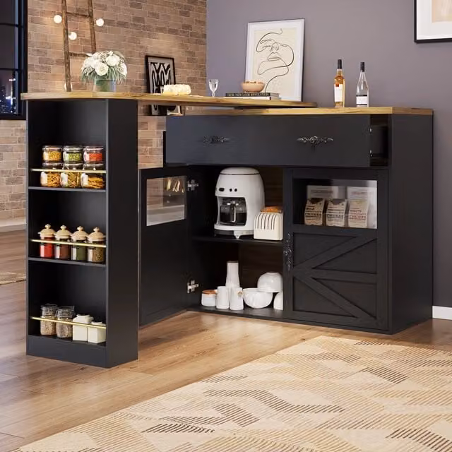 Tavolo da pranzo bar girevole e allungabile con cassetto, ripiani laterali e regolabili, nero, 138 × 39 × 104 cm
