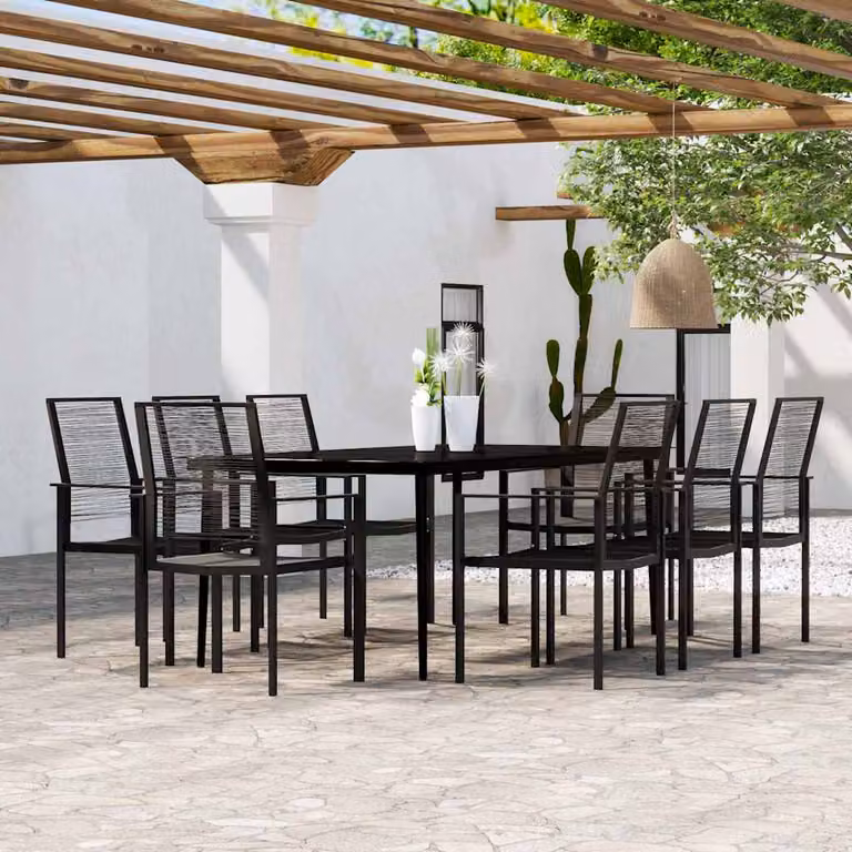 Set Mobili da Pranzo da Giardino vidaXL in Acciaio Verniciato Nero e Vetro, 9 Pezzi