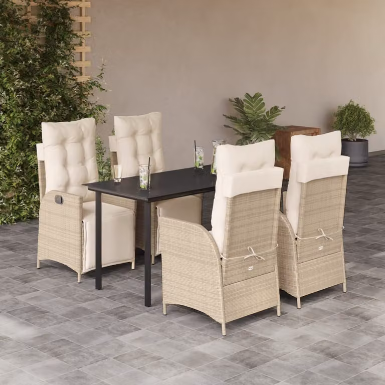 Set da Pranzo da Giardino vidaXL in Polyrattan con Cuscini Beige e Tavolo in Vetro, 5 Pezzi