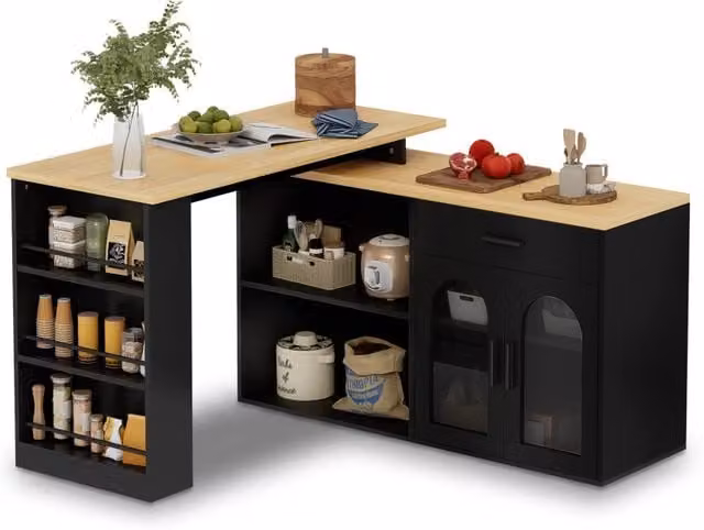 Isola cucina con tavolo girevole a 360 gradi; MDF nero e rovere; cassetto e ripiani