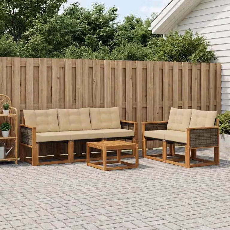 Set di divani da esterno vidaXL 6 pezzi in legno di acacia con tavolino e cuscini, colore marrone e beige