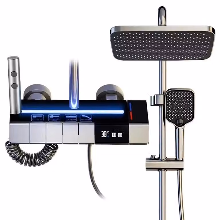 Set doccia con display digitale - Rubinetto per doccia a pioggia - Ottone - Finitura galvanica - Doccetta per bidet - Grigio chiaro