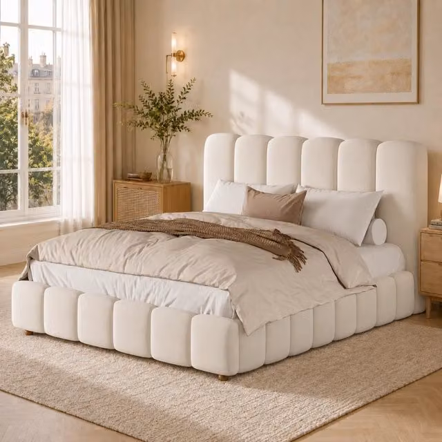 Letto contenitore imbottito 140x190 cm; sollevamento idraulico; rete a doghe; testiera imbottita; ampio spazio contenitore; velluto; beige