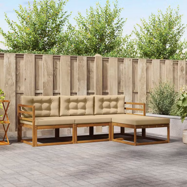 vidaXL Set di divani da esterno 4 pezzi in legno di acacia con cuscini Beige e Marrone