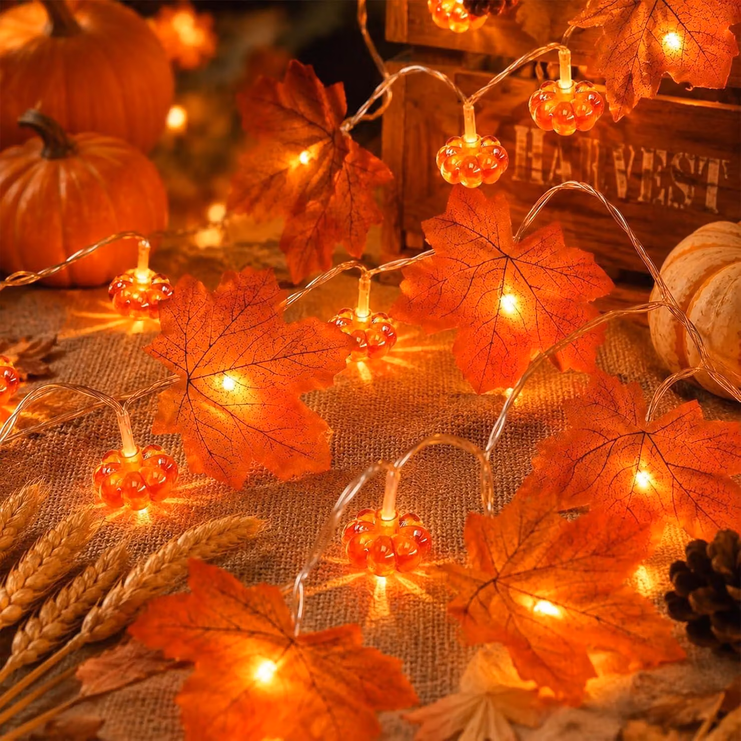 Catena luminosa autunnale, 300 cm, 20 LED, con foglie d'acero e zucche, alimentata a batteria