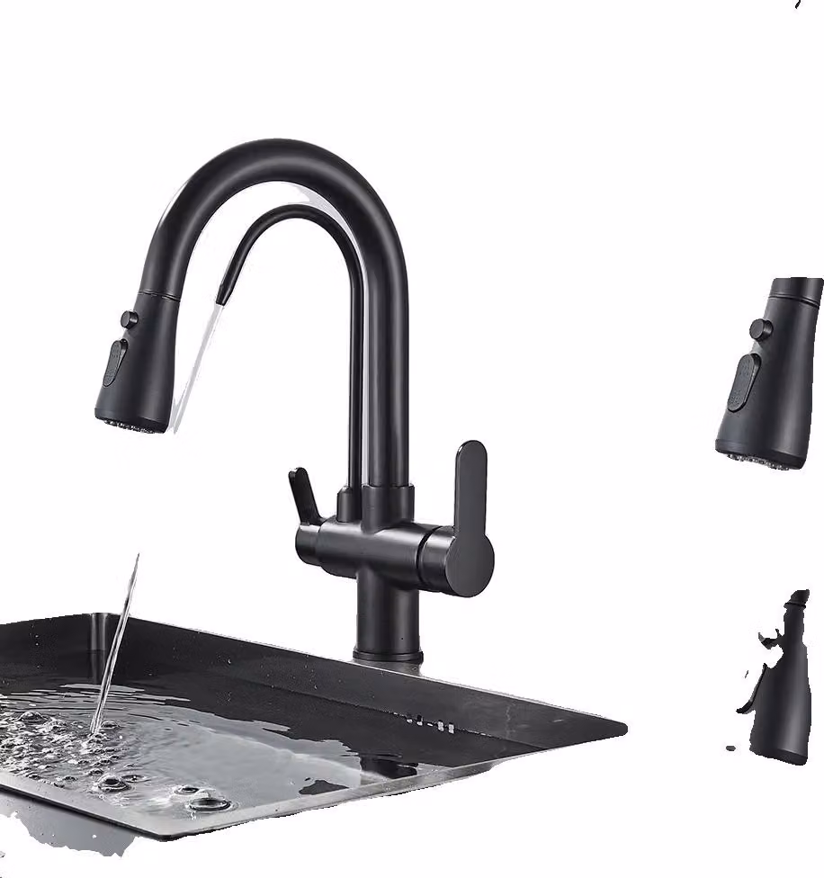 Rubinetto da cucina, bocca estraibile, doppia maniglia, nero opaco