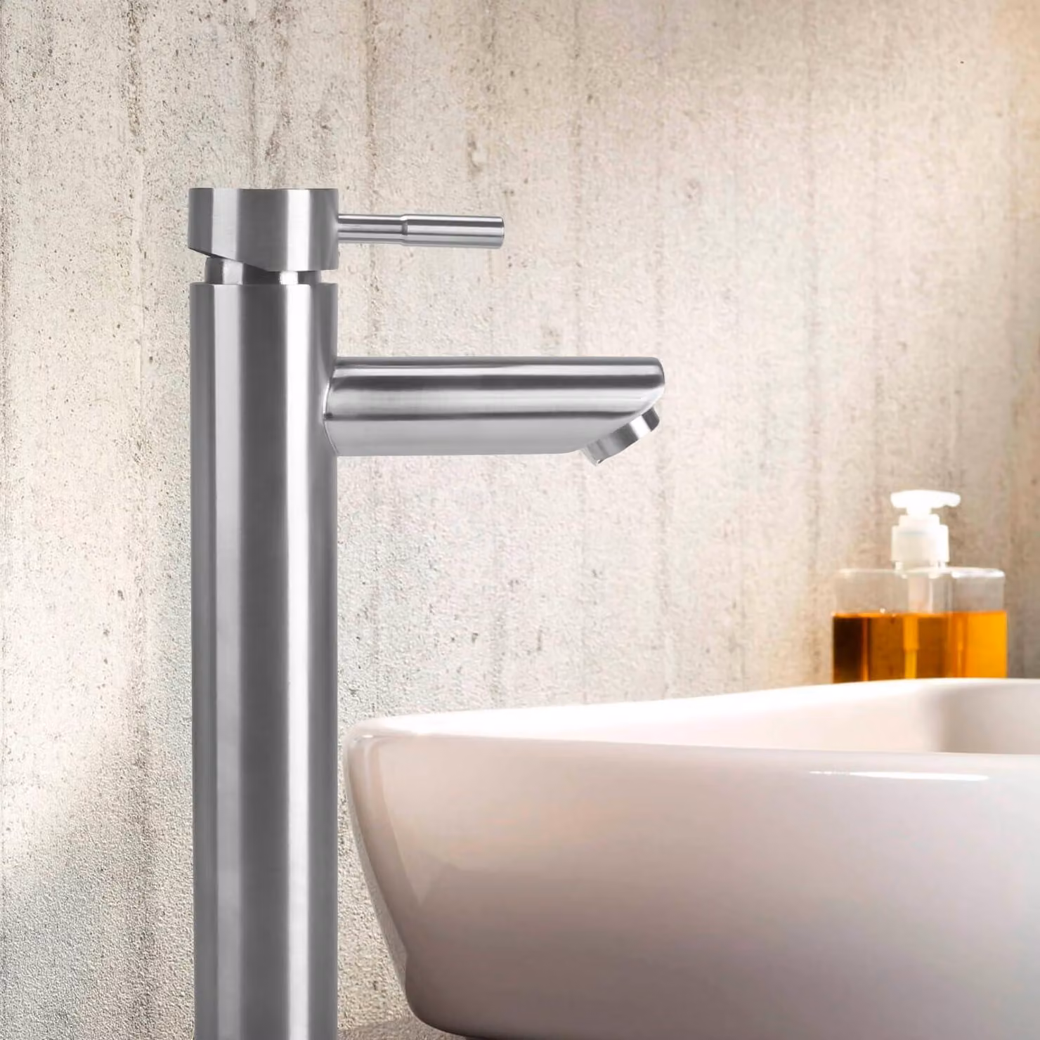 Miscelatore per lavabo, modello ad arco alto, monoblocco, in acciaio inossidabile, colore argento, completo di tubi flessibili