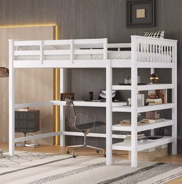 Letto a soppalco 140x200 cm bianco con scrivania e ripiani, legno di pino e MDF