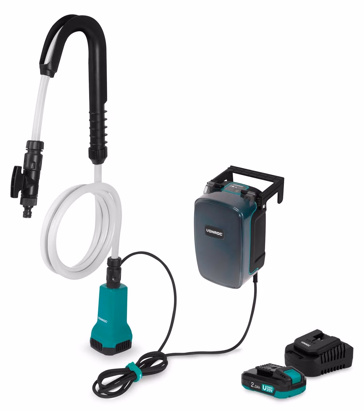 Pompa per serbatoi di acqua piovana, 20 V, 1800 l/h, inclusa batteria e caricabatterie