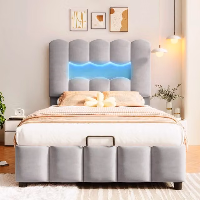 Letto imbottito 90x200 cm senza materasso; contenitore idraulico; LED; velluto grigio