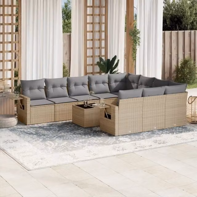 vidaXL Set Divani da Giardino 11 Pezzi in Polyrattan con Cuscini Beige e Tavolino da Esterno – 1