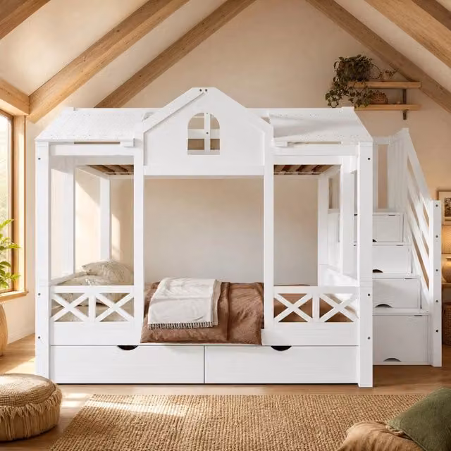 Letto a Castello per Bambini con Due Cassetti su Ruote, Scala con Ripiani, Struttura in Pino, MDF e Compensato, Bianco, 90x200cm & 140x200cm
