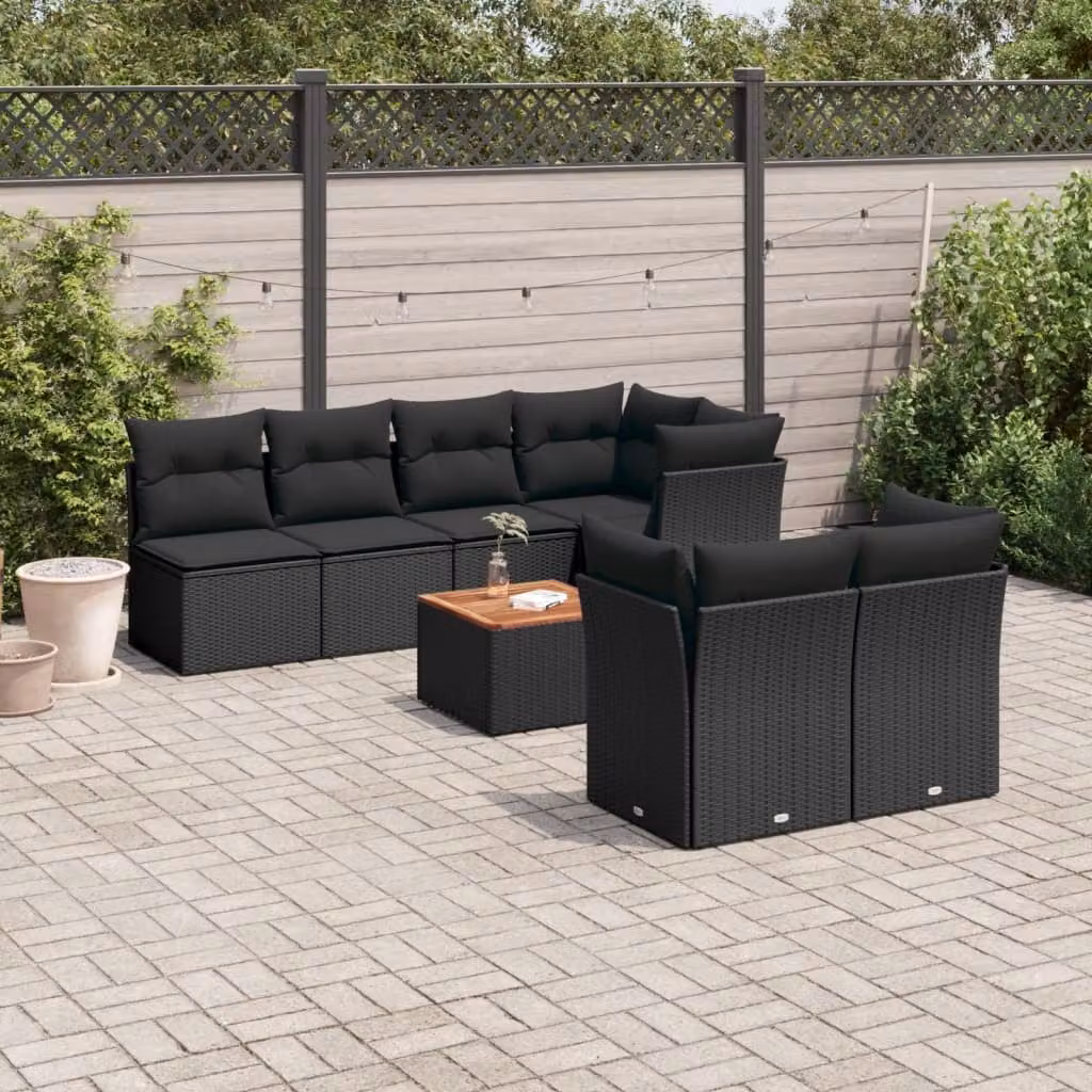 vidaXL Set Divani da Giardino a L con Cuscini 8 pz Nero in Polyrattan e Tavolino da Esterno – 1