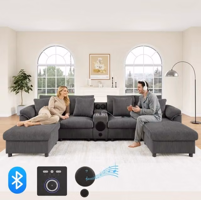 Divano Angolare U/L con Bluetooth, Contenitore, Ricarica Wireless e Cuscini ¨C Xylo ¨C Grigio, Velluto a Coste