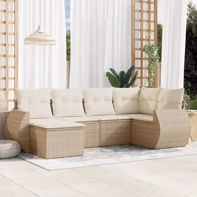 Set Divano da Giardino a L vidaXL in Polyrattan Beige con Cuscini e Ottoman, 6 Pezzi
