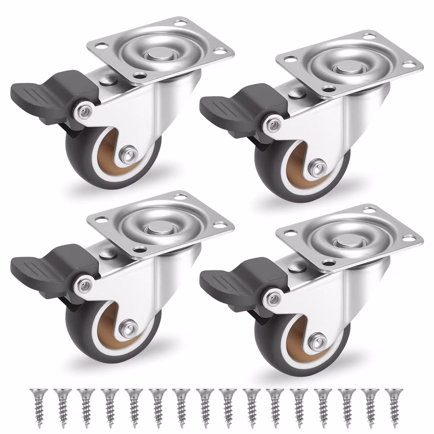 Set di 4 rotelle, diametro 38 mm, realizzate in gomma, girevoli a 360° con freno, adatte per carrelli e elettrodomestici