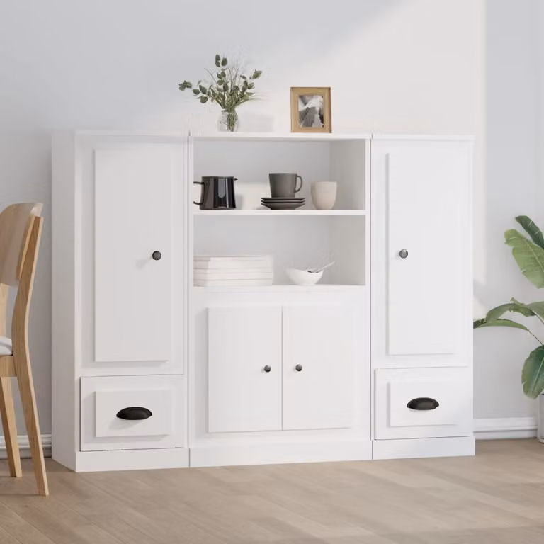 Set di 3 credenze vidaXL bianche in legno multistrato con ante a battente e ripiani aperti per soggiorno e sala da pranzo