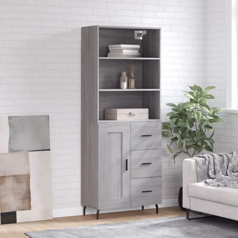 Credenza moderna vidaXL in legno multistrato e metallo, colore Grigio Sonoma, L: 69,5 cm, P: 34 cm, H: 180 cm