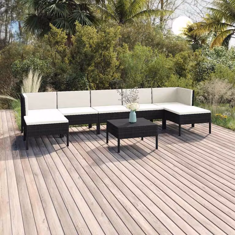 Set Divani da Giardino vidaXL 8 pz in Polyrattan con Cuscini e Tavolino, Colore Nero e Bianco