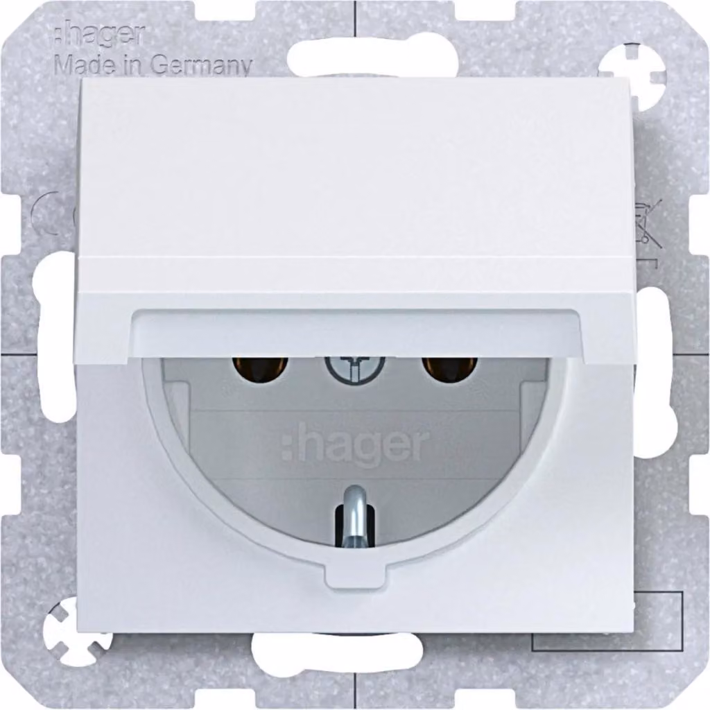 Prese SCHUKO Hager con coperchio a battente, 16A, 250V, morsetti a molla, colore bianco opaco, confezione da 10 pezzi.