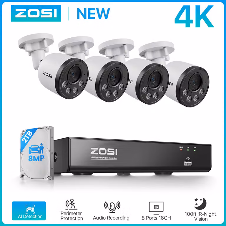 Sistema di videosorveglianza con registratore NVR a 8 canali e 4 telecamere 4K Ultra HD da 8 megapixel, con alloggiamento in metallo