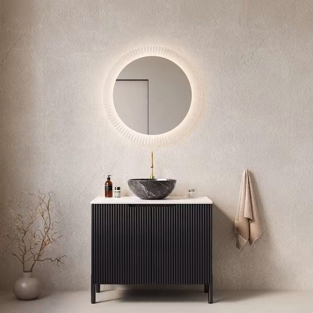 Mobile lavabo da bagno 76 cm, piano in pietra sinterizzata Carrara bianca con lavandino nero motivo pietra, mobile a strisce con doppie ante, nero