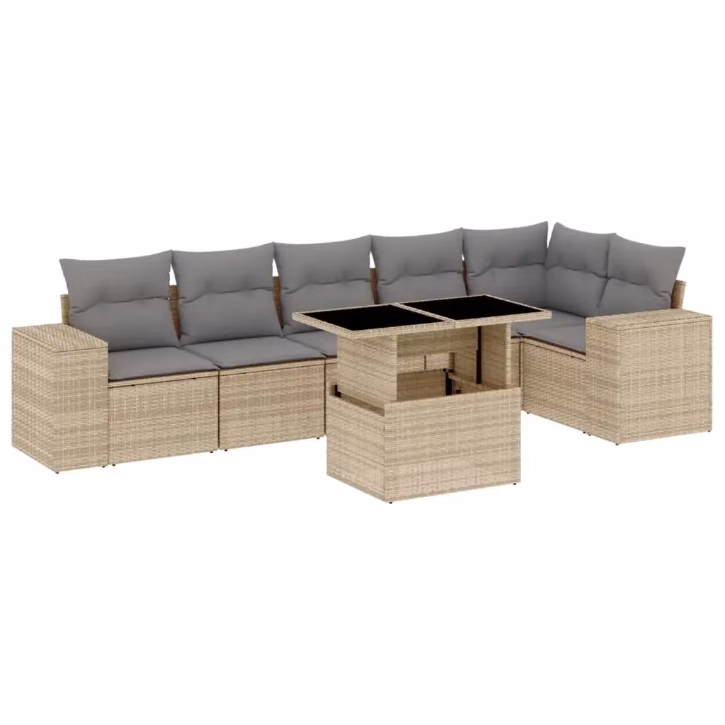 vidaXL Set di Divani da Giardino 7 pz in Polyrattan Beige con Cuscini e Tavolino – 2