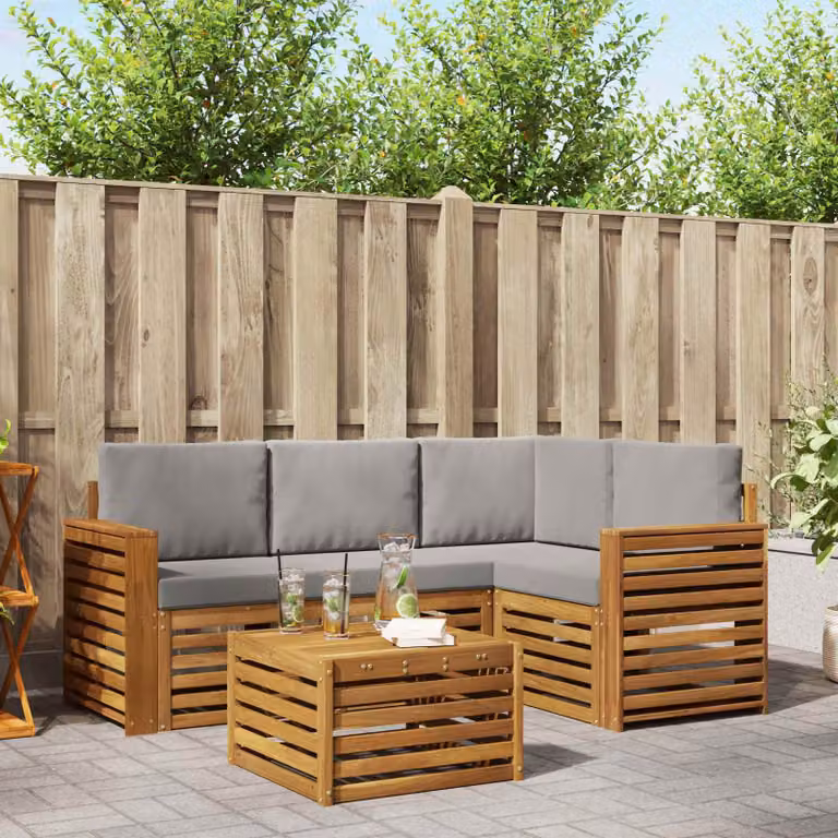 Set di divani da esterno vidaXL a forma di L in legno di acacia con cuscini, colore grigio, bianco e marrone