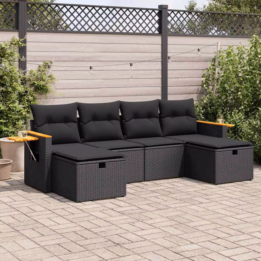Set Divano da Giardino a L vidaXL in Polyrattan Nero con 6 Pezzi e Cuscini Imbottiti