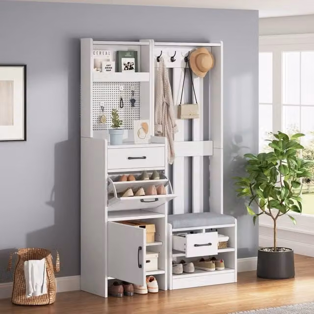 Mobile da ingresso 7 in 1 con 2 cassetti, 2 armadietti, panca imbottita e 7 ganci, bianco, 110 × 35 × 175.5 cm