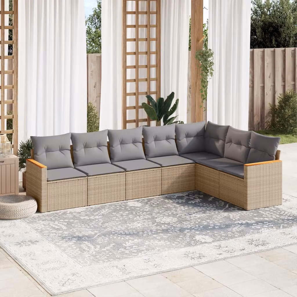 vidaXL Set Divano da Giardino a L 7 pz con Cuscini Beige e Grigio in Polyrattan e Acciaio – 1