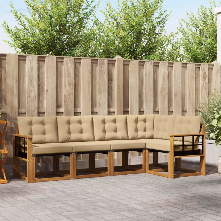 Set di divani da esterno vidaXL a forma di L in legno di acacia con cuscini beige e marrone