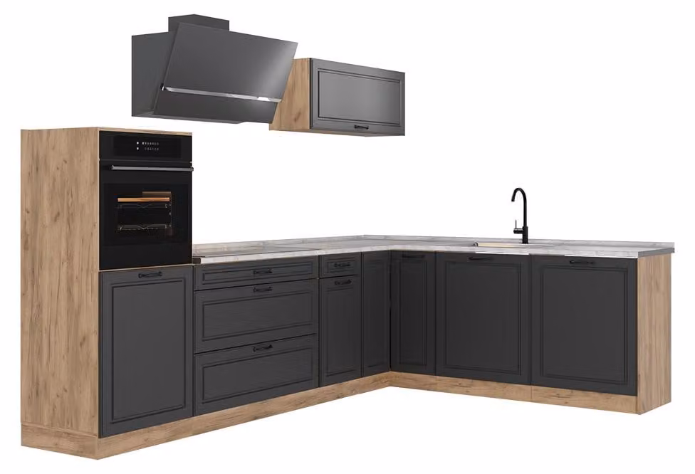 Cucina angolare completa Vicco R-Line Antracite country/Rovere dorato 287 x cm piano di lavoro Marmo, Model 68152