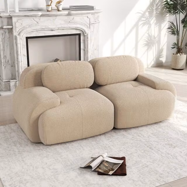 Divano angolare modulare senza struttura in tessuto corduroy con braccioli curvi base antiscivolo beige senza montaggio