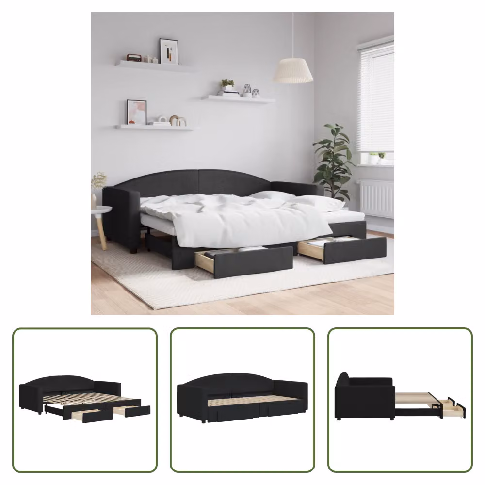The Living Store Letto allungabile con cassetti nero 90x200 cm tessuto